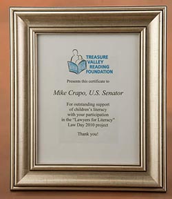 Certificate for Appreciation Treasure Valley Reading Foundation 2010
