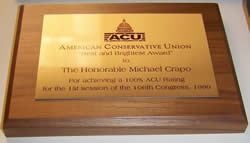 ACU Conservative Award Defender of Liberty Congressional Honor Roll Best and Brightest Award